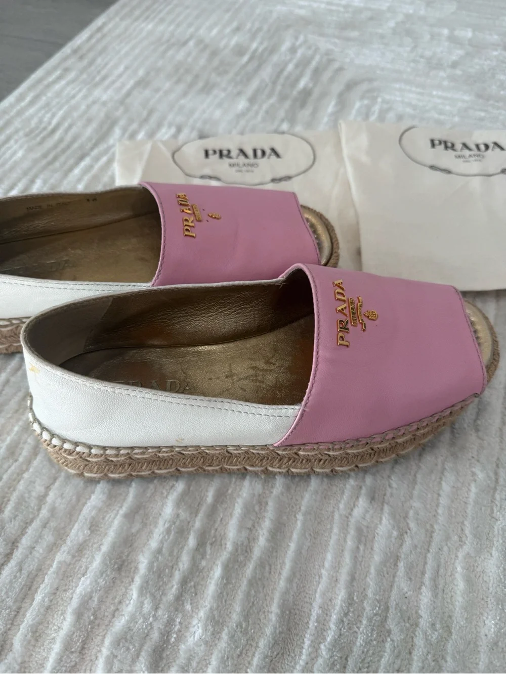 Prada Pink and White Leather Espadrille Slip-Ons